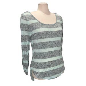 Almost Famous Womens Sheer Back Striped Long Sleeve Top Sz Large Gray & Mint Lig